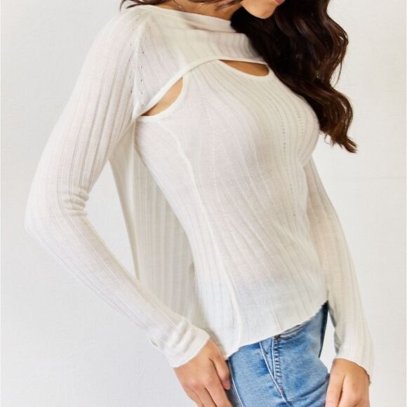 🎁3/$30🎁  J.NNA  Long Sleeve Cutout Cream  Color Womrn's Top sz  Lg - Picture 4 of 6